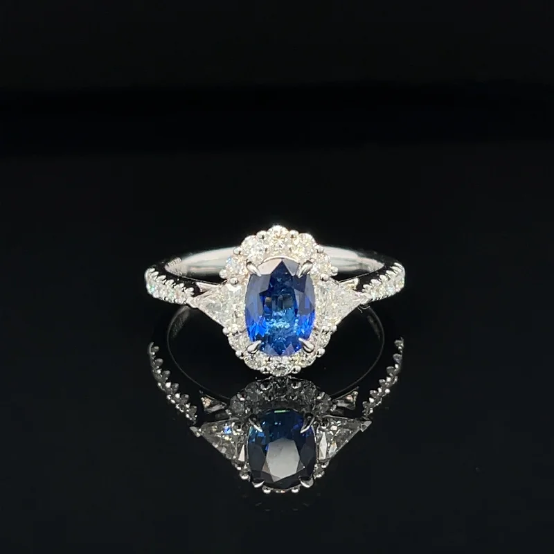 Women’s engagement rings with prong setting-Blue Sapphire & Diamond Cluster Engagement Anniversary Ring in 18k White Gold - #547 - #RGSAP217443