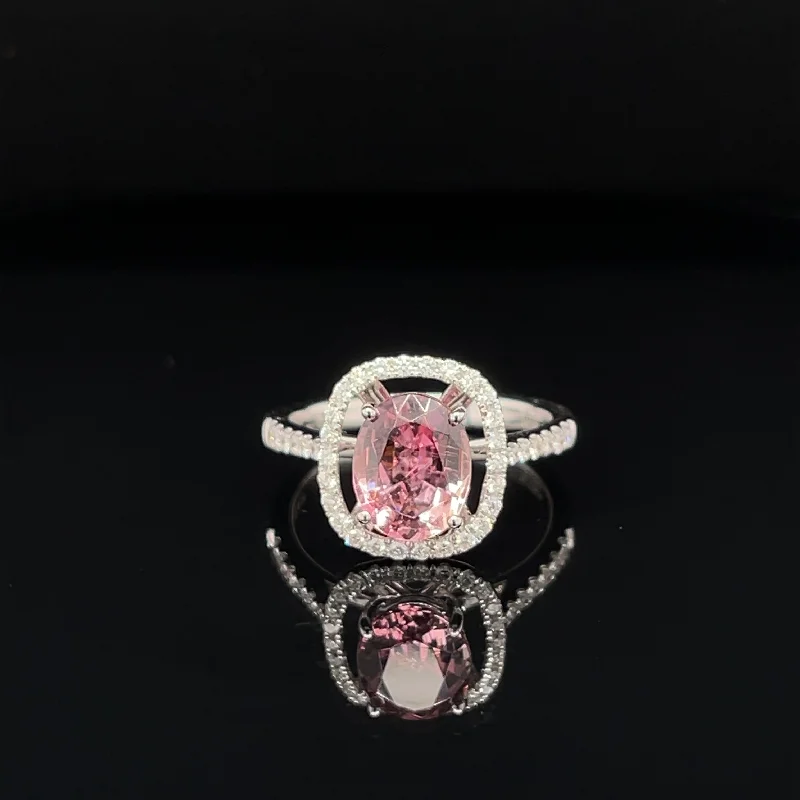 Women’s white gold engagement rings-Pink Tourmaline & Diamond 2.08ctw Oval Floating Halo 3D Engagement Ring in 18k White Gold - #361 - RGTOM000138