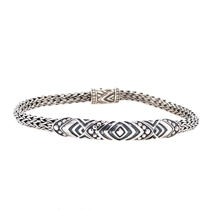 Women’s leather bracelets-Sterling Silver Tribal Design Adang Bar Bracelet by Samuel B.