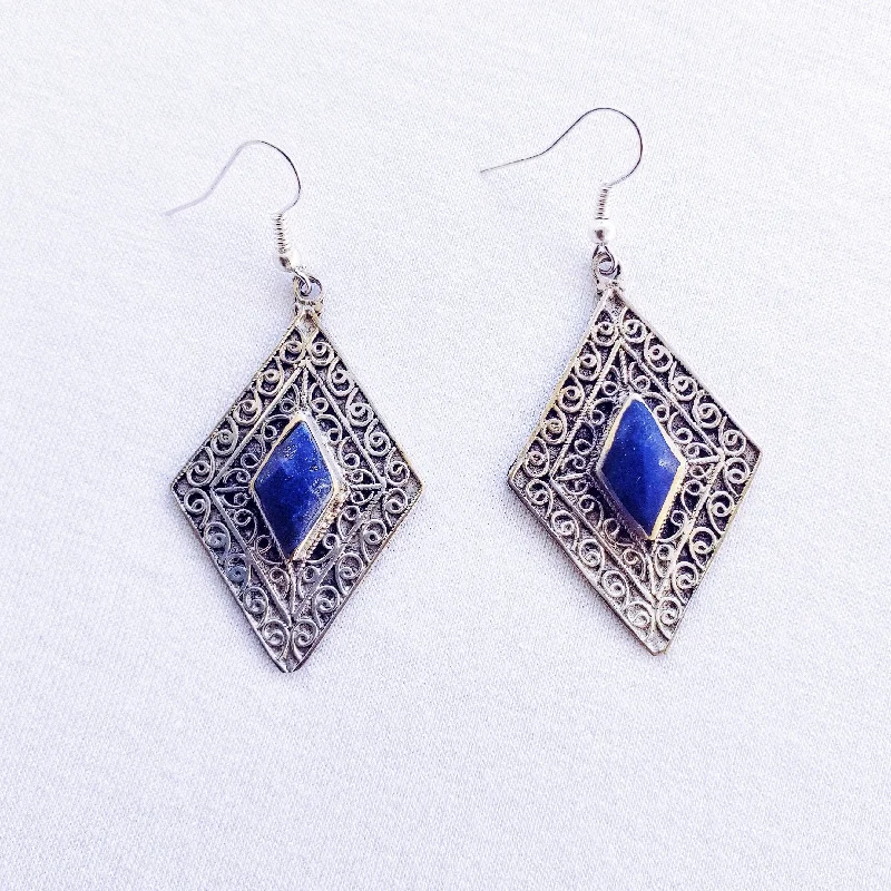 Women’s silver hoop earrings-Diamond tribal earrings - Lapis