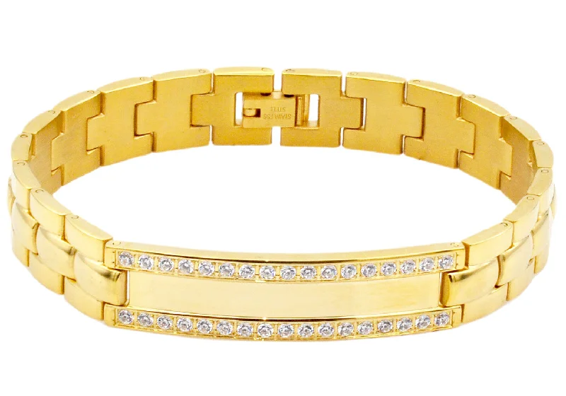 Women’s festive bangles-Mens Gold Plated Stainless Steel ID-Engravable Bracelet With Cubic Zirconia