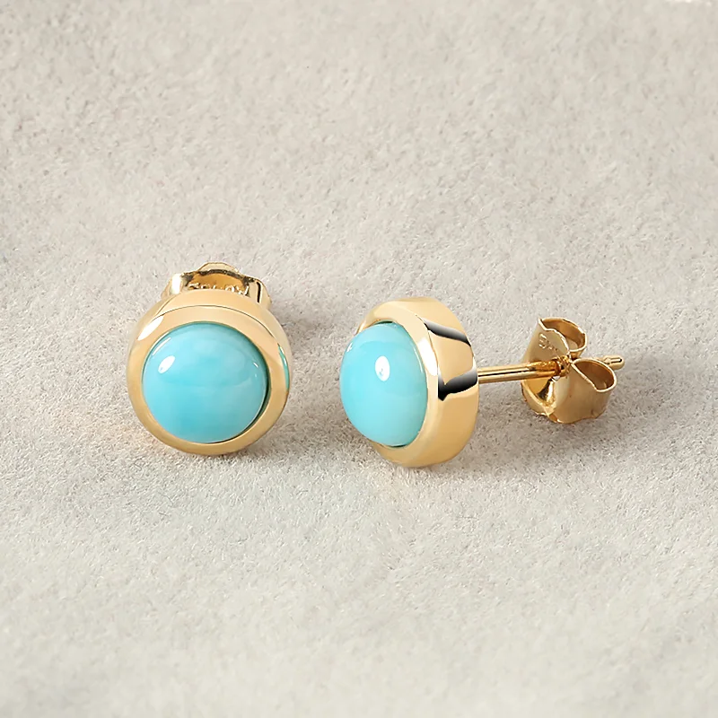 Women’s crystal hoop earrings-14K Yellow Gold Larimar Inlaid Post Earrings