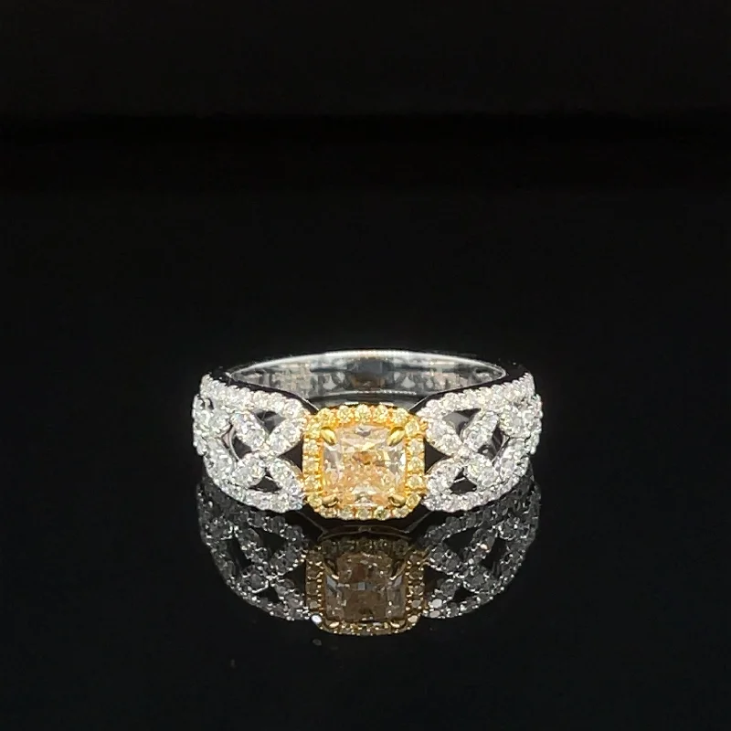 Women’s engagement rings with tension setting-Yellow & White Diamond Cushion Halo Trellis Engagement Ring in 18k Two-Tone Gold - #609 - RGDIA671156