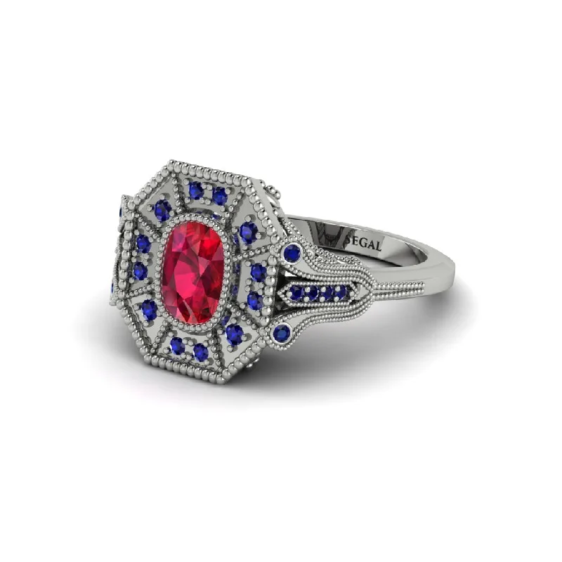 Women’s engagement rings with twisted band design-Ruby Cushion Cut Art Deco Engagement Ring - Alicia No. 72