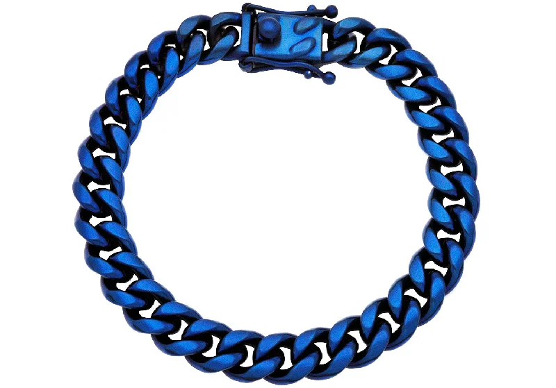 Women’s round bangles-Mens 10mm Matte Blue Stainless Steel Miami Cuban Link Bracelet With Box Clasp