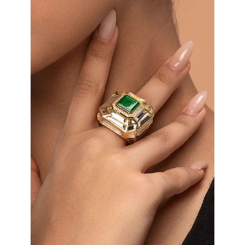 Women’s wedding rings with rubies-Isharya Fiesta Hydro Emerald Deco Ring In 18Kt Gold Plated