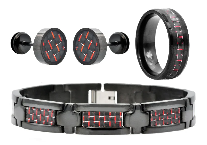 Women’s infinity bangles-Mens Black Stainless Steel And Red Carbon Fiber Bracelet Ring And Earring Set