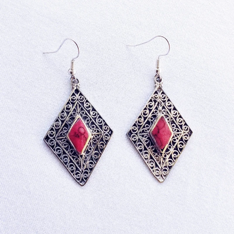 Women’s simple stud earrings-Diamond tribal earrings - Red Stone