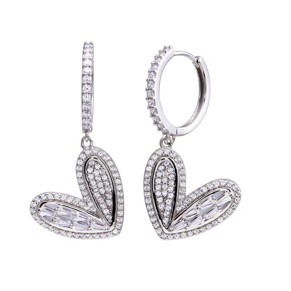 Women’s infinity earrings-Rhodium Plated 925 Sterling Silver CZ Hoop Dangling Wide Heart Earrings