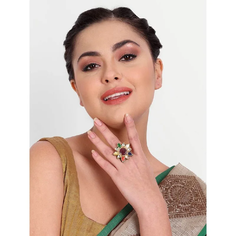 Women’s cocktail rings-Auraa Trends 22 KT Gold-Plated Kundan-Studded Adjustable Finger Ring