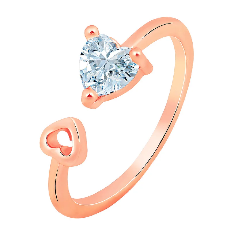 Women’s flower rings-Mahi Rose Gold Plated Dual Heart Adjustable Finger Ring with Cubic Zirconia for Women (FR1103166ZWhi)