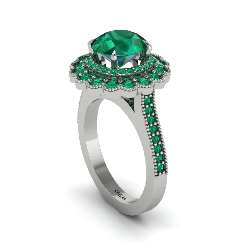 Women’s custom engagement rings-Emerald Double Halo Cathedral Engagement Ring - Deirdre No. 21