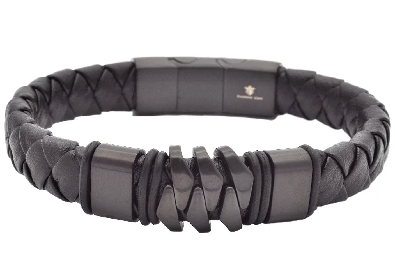 Women’s pearl bracelets-Mens Genuine Black Leather Black Stainless Steel Bracelet