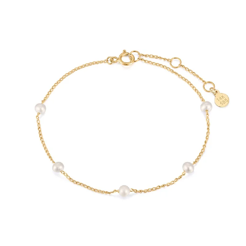 Women’s engraved bangles-14K Yellow Gold Pearl Station Bracelet by Aurelie Gi