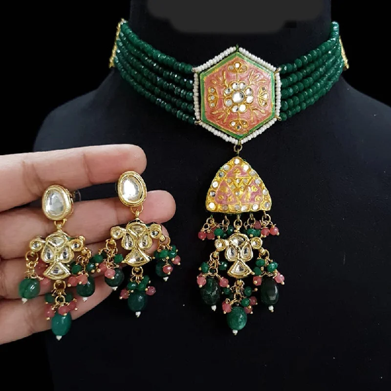 Women’s pendant necklaces-FS Collection Gold Plated Kundan Stone And Beads Choker Necklace Set