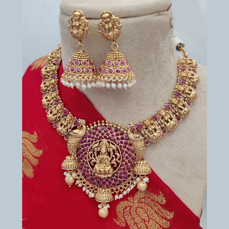 Women’s flower charm necklaces-Jewel Addiction Copper Rajwadi Finish Pota Stone Temple Necklace Set