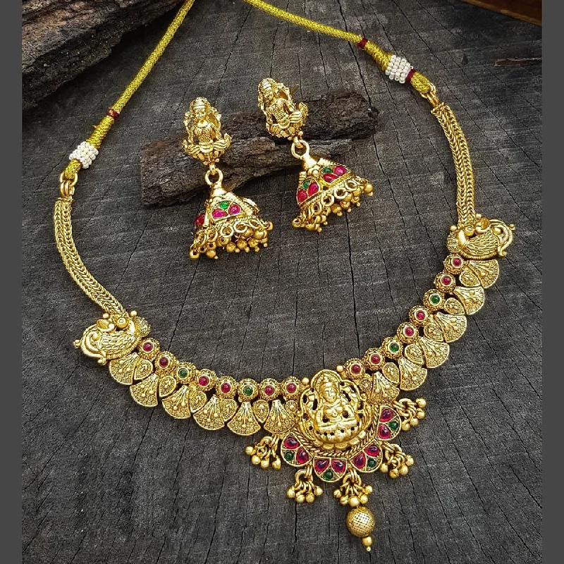 Women’s statement pendant necklaces-Sangita Creation  Copper Gold  Pota Stone Temple Long  Necklace Set