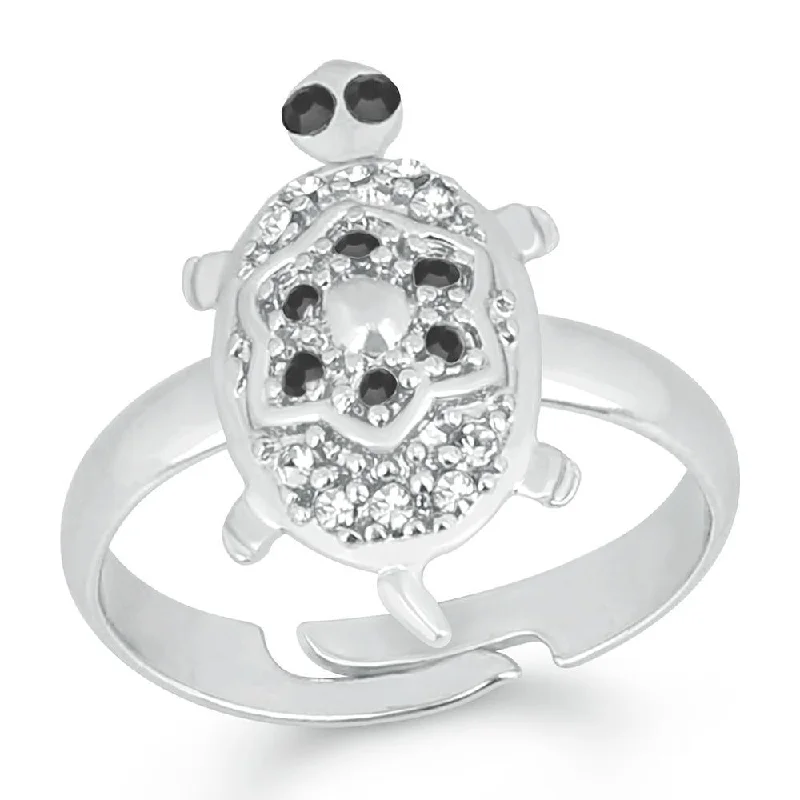 Women’s engagement rings-Mahi Rhodium Plated Tortoise Love Designer Unisex Finger Ring With Crystal Stone