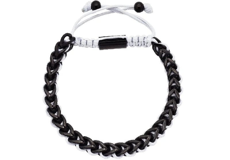 Women’s friendship bracelets-Men's Black Stainless Steel 6mm Franco Link White Drawstring Bracelet