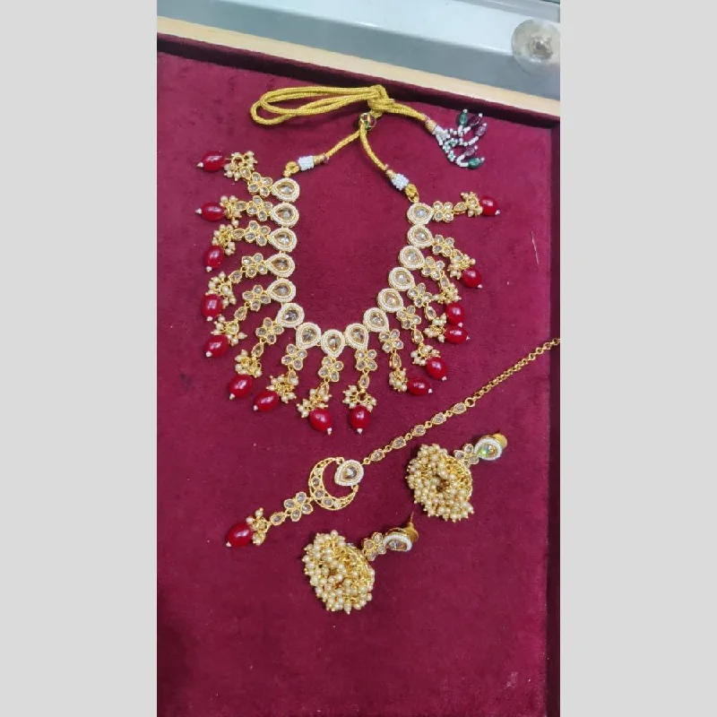 Women’s ruby necklaces-SNERA Gold Plated Crystal Stone And Beads Necklace Set