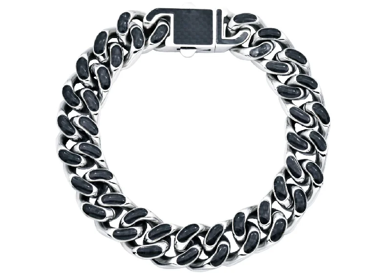 Women’s engraved bangles-Men's 12mm Stainless Steel Cuban Link Chain Bracelet With Carbon Fiber