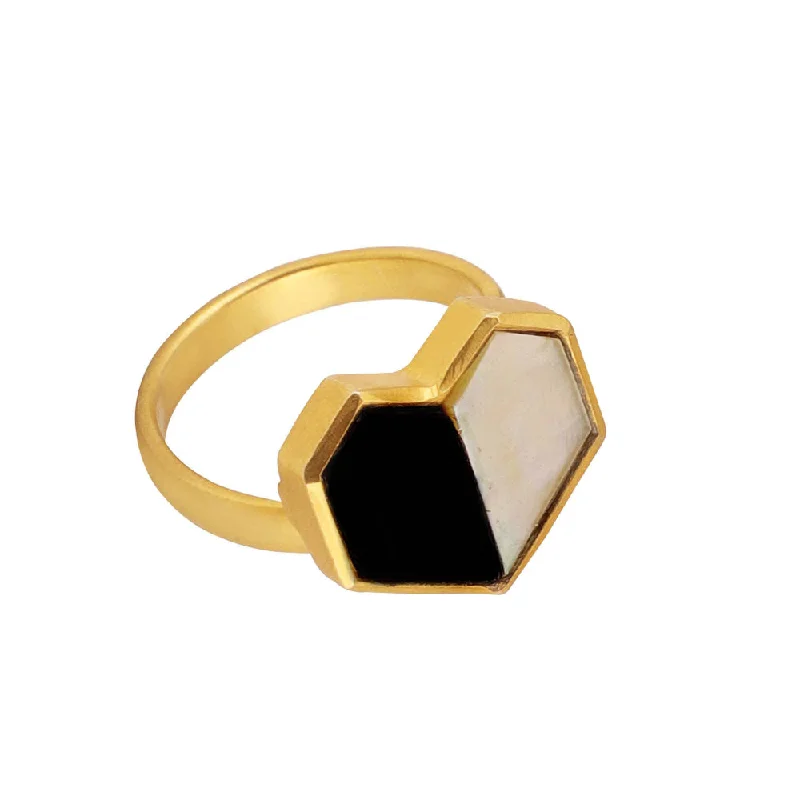 Women’s birthstone rings-VARNIKA ARORA Polar- 22K Gold Plated White Mother Of Pearl Black Onyx Ring