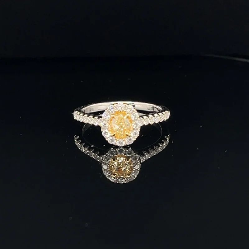 Women’s engagement rings with cluster setting-Fancy Yellow & White Diamond Halo Oval Engagement Ring in 18k Two Tone Gold - (#125-JR0897GH-19)