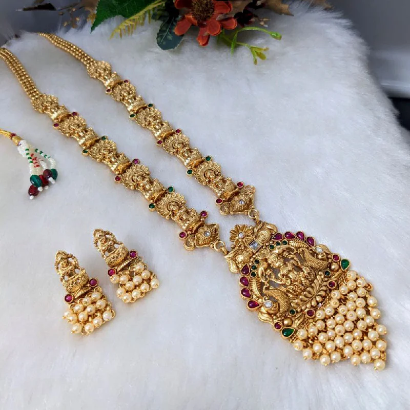 Women’s pearl pendant necklaces-Aamrapali Gold Plated Long Temple Necklace Set