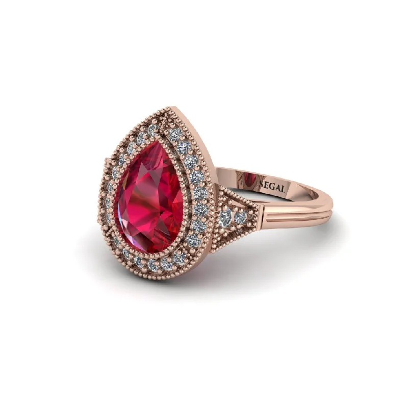 Women’s engagement rings with twisted band design-Pear Cut Ruby Milgrain Halo Engagement Ring - Daleyza No. 11