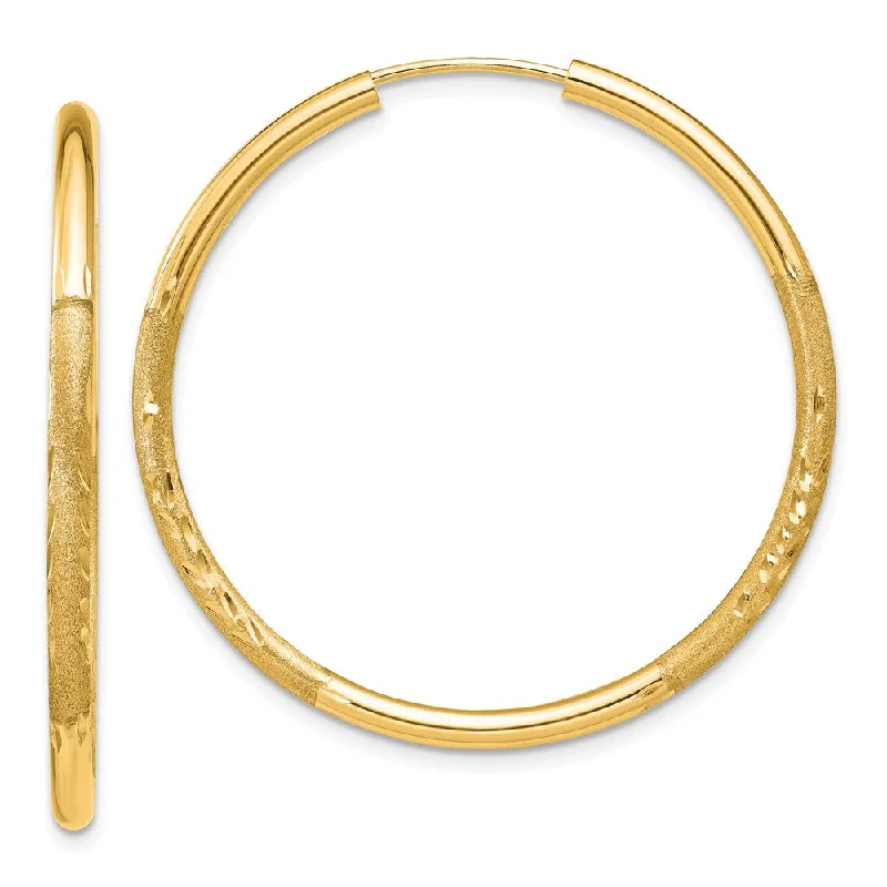 Women’s edgy earrings-2mm x 34mm 14k Yellow Gold Satin Diamond-Cut Endless Hoop Earrings