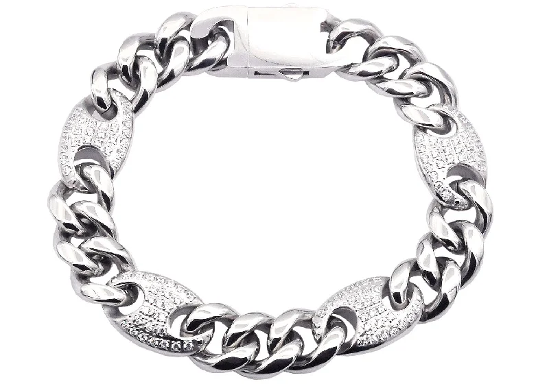 Women’s silver bangles-Mens 10mm Stainless Steel Mariner Curb Chain Bracelet With Cubic Zirconia