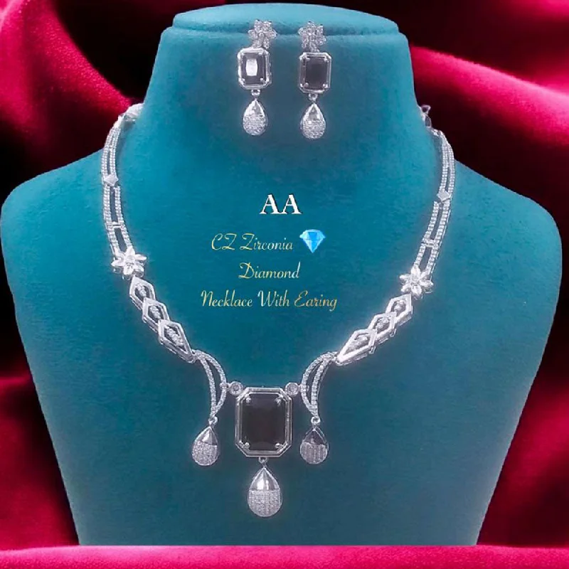 Women’s platinum necklaces-FS Collection Silver Plated American Diamonds Necklace Set