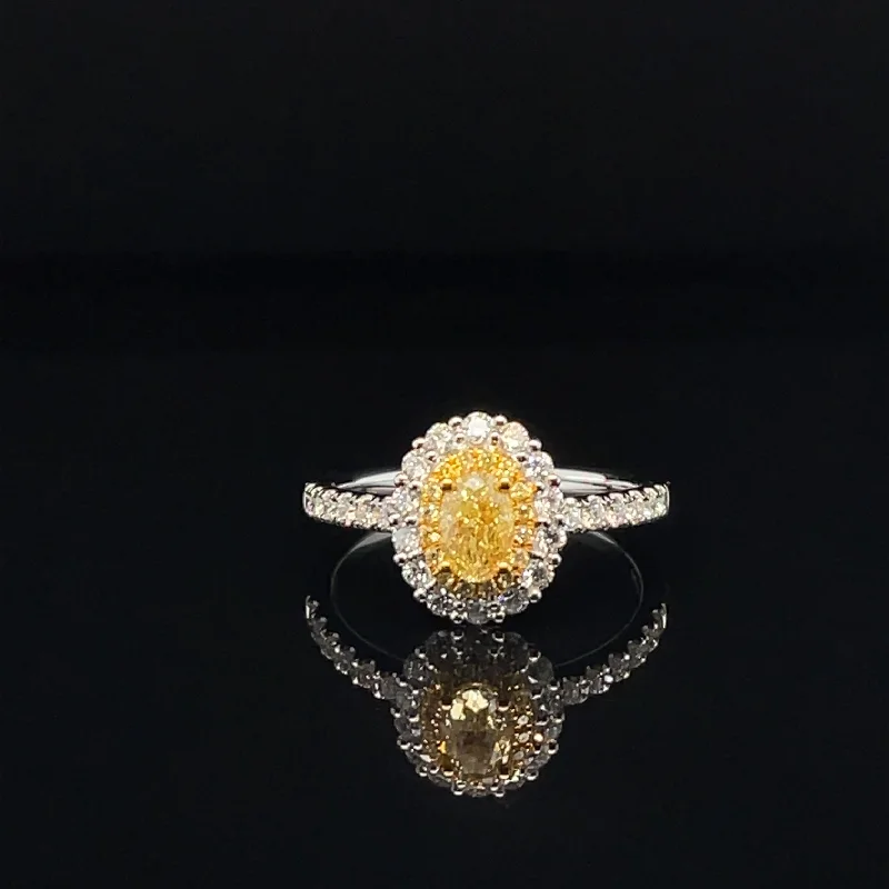 Women’s affordable engagement rings-Fancy Yellow & White Diamond Oval Cluster Engagement Ring in 18k Two-Tone Gold  - #513 - RGDIA670706