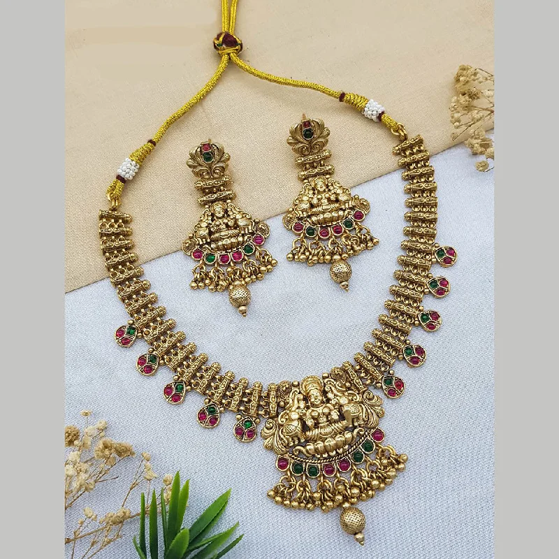 Women’s wedding day necklaces-Sangita Creation  Copper Gold  Pota Stone Temple Long  Necklace Set