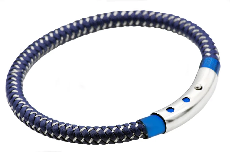 Women’s color-blocked bracelets-Mens Blue Leather And Black Stainless Steel Bracelet