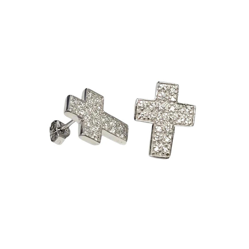 Women’s oval earrings-Silver 925 Rhodium Plated Cross Micro Pave Clear CZ Stud Earrings