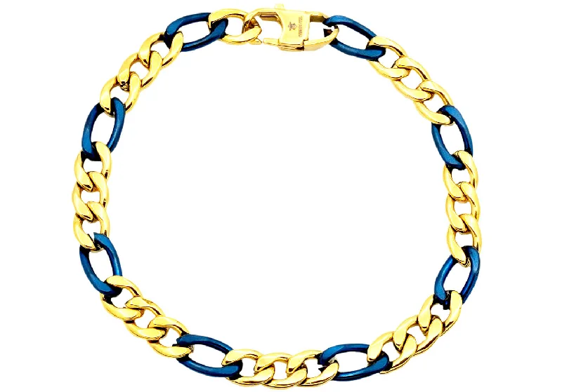 Women’s crystal bracelets-Mens Two-Toned Gold & Blue Stainless Steel Figaro Link Chain Bracelet