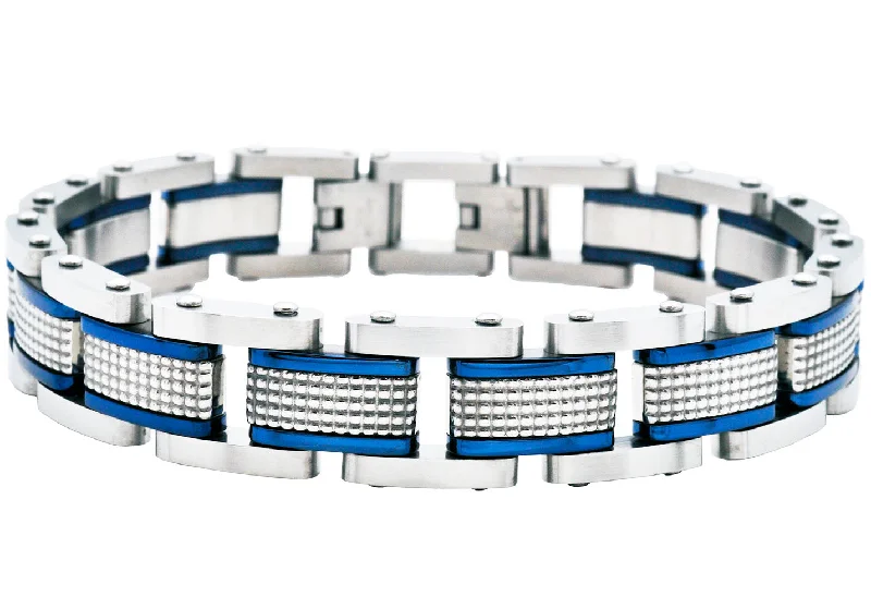 Women’s pearl-studded bracelets-Mens Textured Stainless Steel Bracelet With Blue Plated Lines