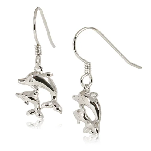 Women’s small stud earrings-Sterling Silver Dangling Two Dolphins Earrings