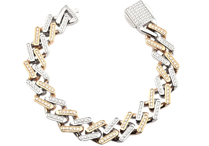 Women’s cuff bracelets-Mens Two-Toned Gold and Rose Stainless Steel 14mm Monaco Link Chain Bracelet With Cubic Zirconia