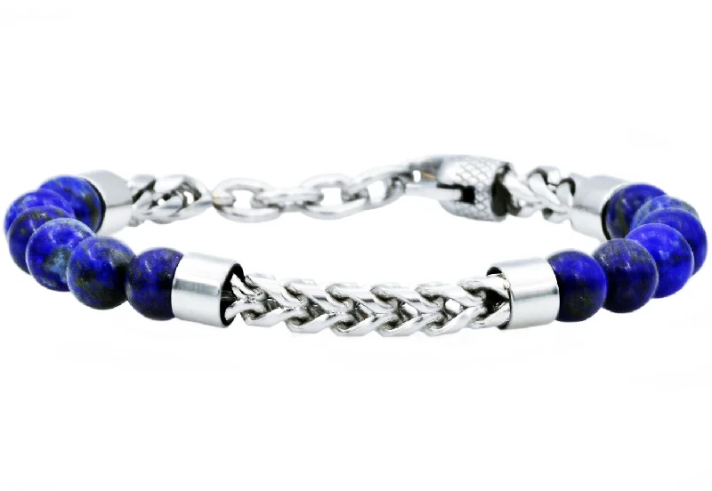 Women’s gold charm bracelets-Mens Genuine Lapis Lazuli Stainless Steel Beaded And Franco Link Chain Bracelet With Adjustable Clasp