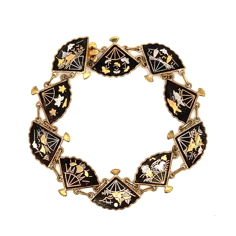 Women’s square bangles-Estate Gold Filled Damascene Fan Link Bracelet