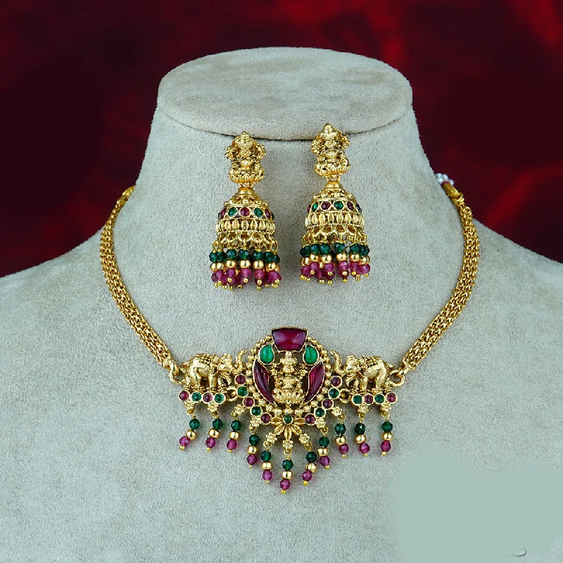 Women’s long pendant necklaces-Diksha Collection Gold Plated Temple Pota Stone Necklace Set