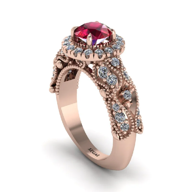 Women’s pear-shaped engagement rings-Exclusive Halo Ruby Milgrain Engagement Ring - Kendra No. 11