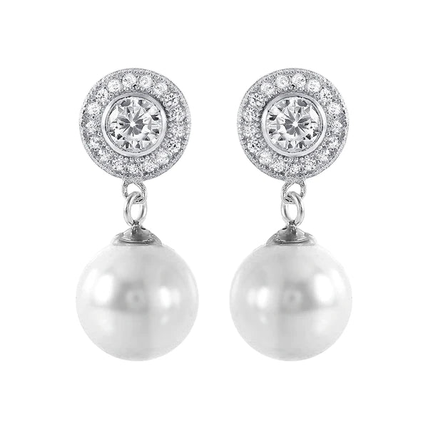 Women’s infinity hoop earrings-Silver 925 Rhodium Plated Pearl CZ Cluster Earrings