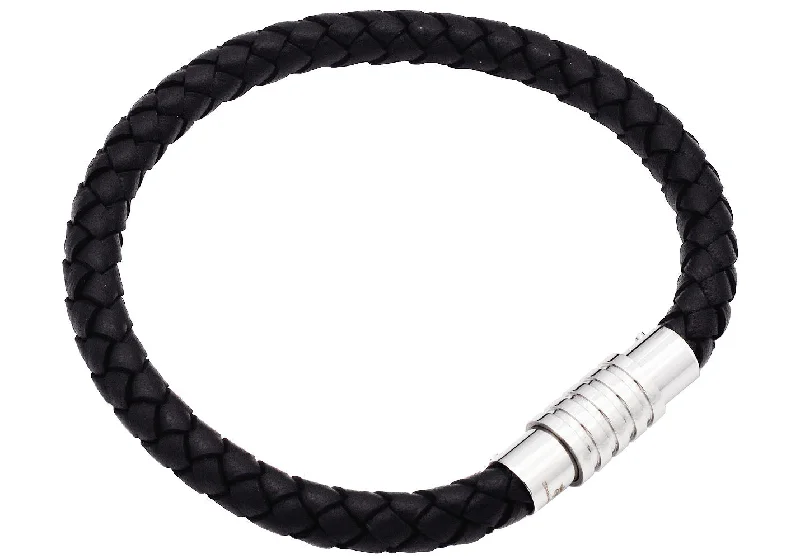 Women’s trendy bracelets-Mens Black Leather And Stainless Steel Bracelet