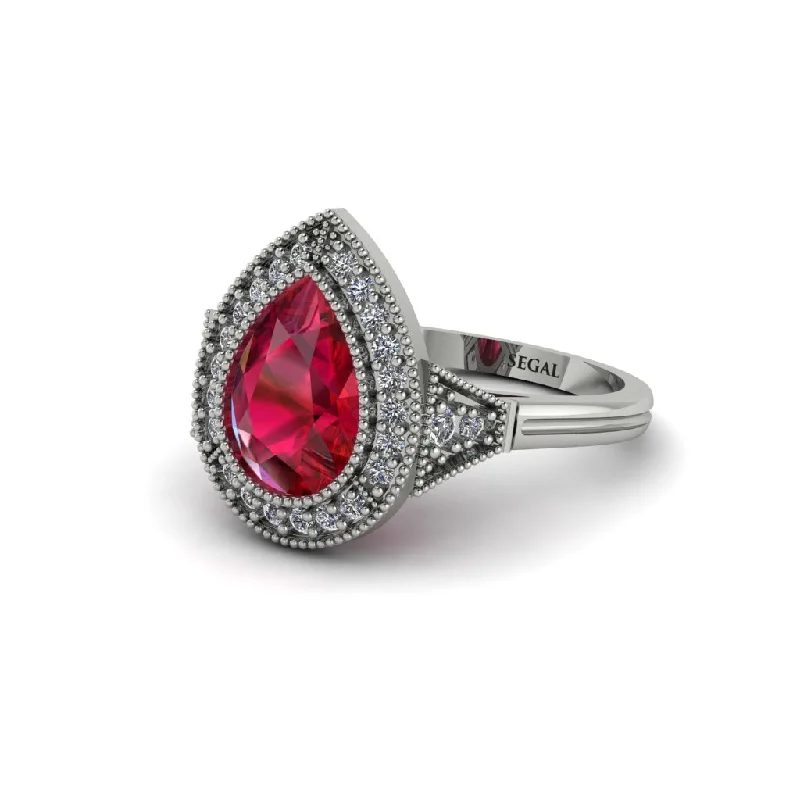 Women’s engagement rings with minimal band-Pear Cut Ruby Milgrain Halo Engagement Ring - Daleyza No. 12