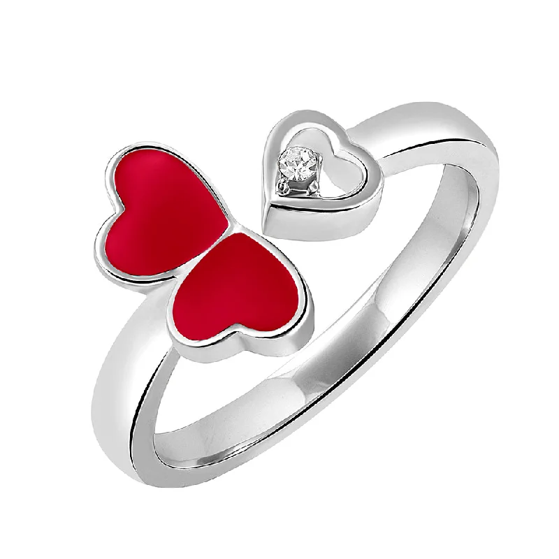 Women’s bohemian rings-Mahi Tripple Heart Red Meena Work Silver Color Adjustable Finger Ring for Women (FR1103130RRed)