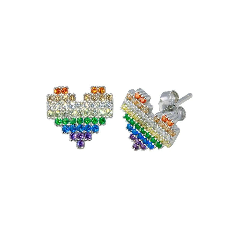 Women’s gold plated earrings-Silver 925 Rhodium Plated Heart Multi Color CZ StudEarrings