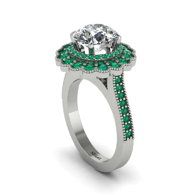 Women’s solitaire engagement rings-Emerald Double Halo Cathedral Engagement Ring - Deirdre No. 18